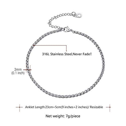 U7 Ankle Bracelets for Women Stainless Steel Waterproof Tarnish Resistant | 18K Gold Plated/Silver/Rose Gold Anklets, Cuban Chain Anklet Bracelets, Perfect for Summer Beach and Vacation Outfits - color: Stainless Steel-3mm-Wheat Chain