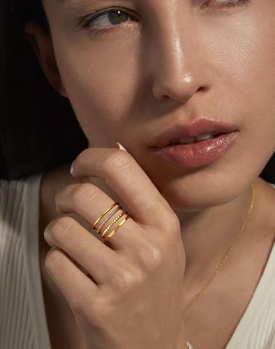 Lunvky Silver Stacking Rings for Women 14K Gold Plated Ring Non Tarnish Thin Trendy Stackable Dainty Cubic Zirconia Finger Pinky Thumb Wedding Band Rings Set Jewelry Gifts Size 5-10 - color: A-Gold, size: 6