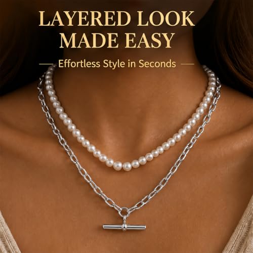 Layered Necklaces for Women Pearl Necklace Stack Gold T Bar Necklace Set Dainty Heart Pendant Jewelry Trendy 2026 Fashion Accessories Gifts - color: B1:2pcs-silver-6mm
