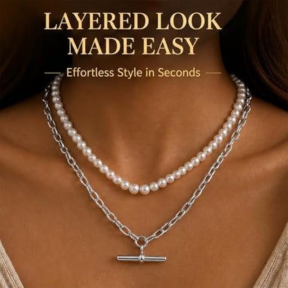 Layered Necklaces for Women Pearl Necklace Stack Gold T Bar Necklace Set Dainty Heart Pendant Jewelry Trendy 2026 Fashion Accessories Gifts - color: B1:2pcs-silver-6mm