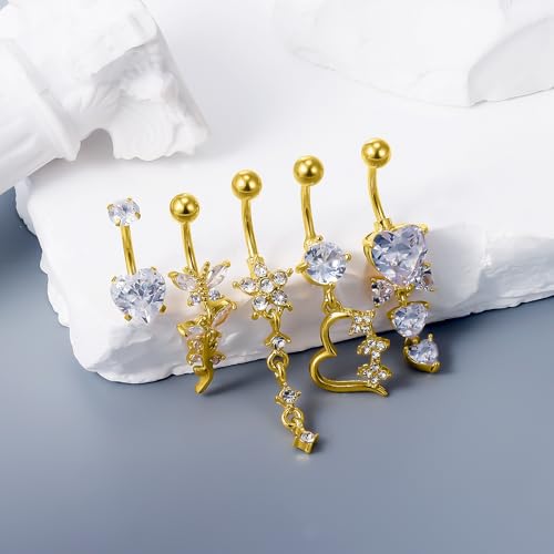 Vsnnsns 14G Dangle Belly Button Ring Piercing Jewelry 316L Stainless Surgical Steel Navel Rings Cubic Zirconia Heart Flower CZ Dangling Belly Button Ring Piercing Jewelry for Women 14 Gauge - color: Gold-Clear CZ