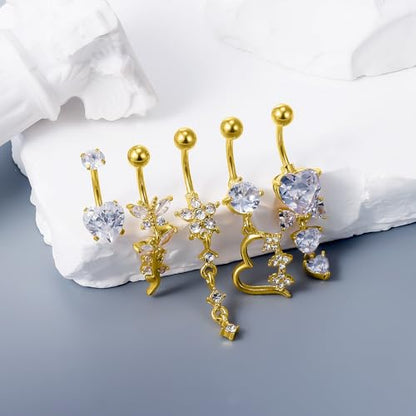Vsnnsns 14G Dangle Belly Button Ring Piercing Jewelry 316L Stainless Surgical Steel Navel Rings Cubic Zirconia Heart Flower CZ Dangling Belly Button Ring Piercing Jewelry for Women 14 Gauge - color: Gold-Clear CZ