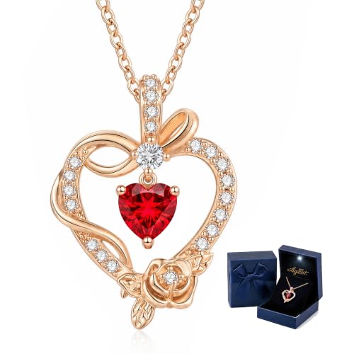Heart Birthstone Necklace, LED Gift Box | Heart birthstone necklace with rose CZ pendant and LED gift box, ready-to-gift birthday gift for mom, wife, grandma, sister - color: Rose Gold 01-Jan Red