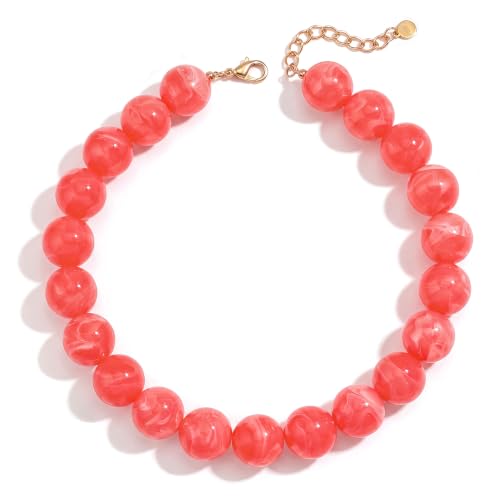 Chunky Beaded Necklace for Women Trendy Boho Collar Statement Necklace Large Round Resin Beads Choker Necklaces Summer Beach Jewelry Gifts - color: Orange Red