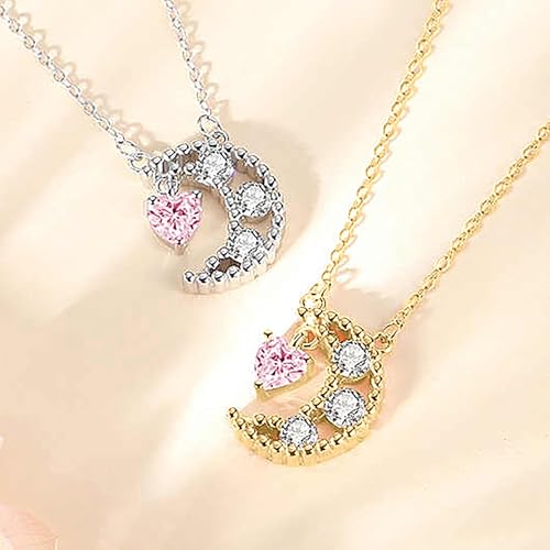925 Sterling Silver Dainty Crescent Moon Necklace for Women | 14K Gold Plated White Cubic Zirconia Moon and Star Pendant Choker Necklace to Daughter Mother Trendy Wedding Jewelry Gifts - color: Gold D