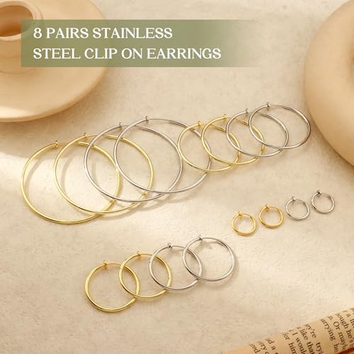 Magitaco 8 Pairs Clip On Hoop Earrings Stainless Steel Clip On Earrings for Women Fake Hoop Earring Spring Hoop Earring For Non-Pierced Ears - color: C:Sliver Tone+Gold Tone