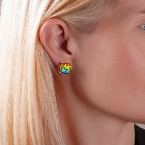 Large Square Stud Earrings for Women - Big Sparkly Rhinestone Studs | Plated in Gold Tone or Silver Tone, Hypoallergenic and Safe for Sensitive Ears - color: Rainbow Glitter