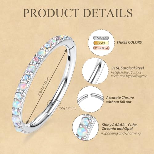 FUNLMO 20G 18G 16G 12G Nose Ring Hoop Conch Rook Daith Helix Tragus Piercing Jewelry 316L Surgical Steel Cartilage Earring Conch Hoop Earring Septum Jewelry Belly Lip Ring 5mm to 14mm - color: Silver-ab CZ&Opal, 1pc