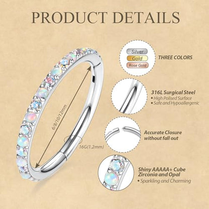 FUNLMO 20G 18G 16G 12G Nose Ring Hoop Conch Rook Daith Helix Tragus Piercing Jewelry 316L Surgical Steel Cartilage Earring Conch Hoop Earring Septum Jewelry Belly Lip Ring 5mm to 14mm - color: Silver-ab CZ&Opal, 1pc