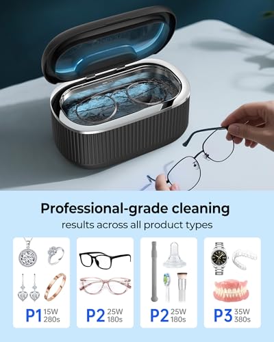 35W Ultrasonic Jewelry Cleaner, 45KHz Retainer Cleaner for Jewelry, 5 Timer & 3 Power Modes, Eyeglasses, Rings, Watch Strap, Dentures - 20oz, 304 Stainless Steel Tank, Quiet <38dB (Black) - color: Black