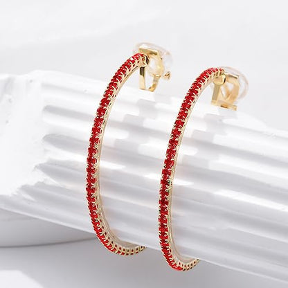 YOQUCOL 4.3CM(1.7in) Clip On Hoop Earrings Cubic Zirconia Non Pierced Ears Hoops for Women - color: Gold-Red
