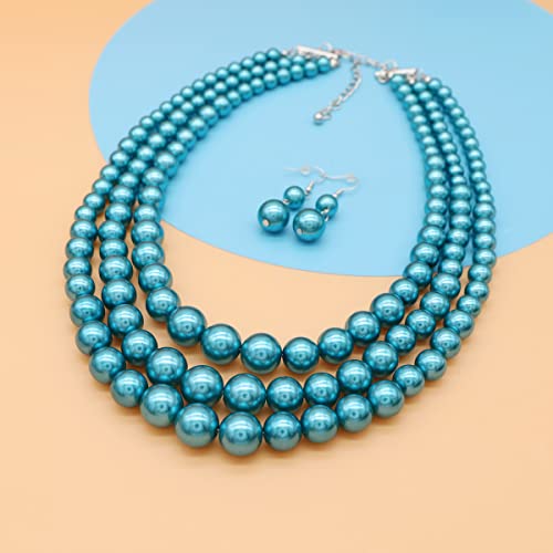 Chunky Layered Imitation Pearl Necklace for Women 3 strand Pearl Necklaces Faux Pearl Necklace Earrings Set 1920s Flapper Gatsby Costume Accessories - color: 3 strand pearl necklace dark blue