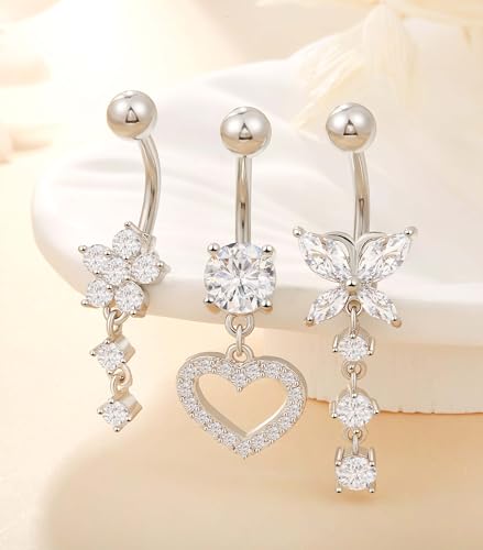 Leocuci Surgical Stainless Steel Dangle Belly Button Rings for Women Belly Ring Dangling Piercing Jewelry with Heart Flower Butterfly14G - color: silver