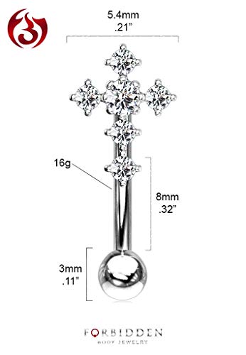 Forbidden Body Jewelry 16g 8mm Surgical Steel Curved Barbell for Daith, Eyebrow, Rook & Belly Button with CZ Cross Top - color: Silver Tone