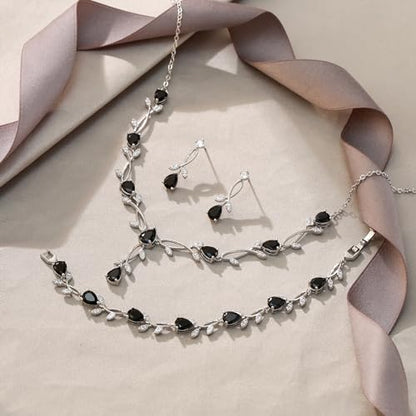 EVER FAITH Cubic Zirconia Pearl Leaf Bridal Jewelry Set for Bride Women | White Wedding Prom Necklace Dangle Earrings Bracelet, for Bridesmaid - color: CZ_Black Silver-Plated-Brass