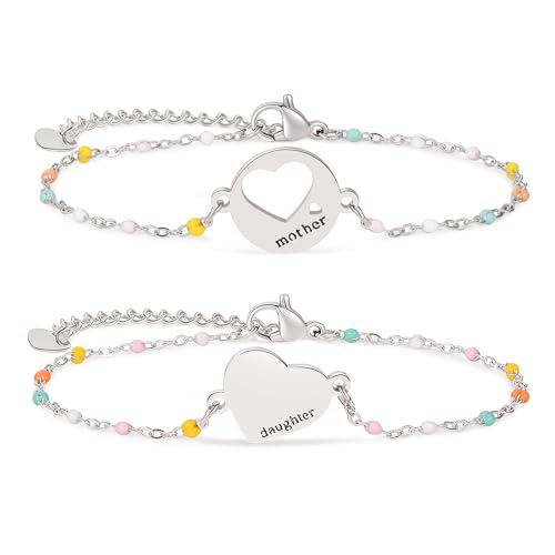 DS Mother Daughter Matching Bracelets,Adjustable Stainless Steel Gift Set | mother’s Day & Birthday Gift Box,Heart Charm,Mommy & Me Style,18K Gold Plated,Hypoallergenic,Daily Wear,Fits Women Teen Girls - color: Silver-4