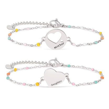 DS Mother Daughter Matching Bracelets,Adjustable Stainless Steel Gift Set | mother’s Day & Birthday Gift Box,Heart Charm,Mommy & Me Style,18K Gold Plated,Hypoallergenic,Daily Wear,Fits Women Teen Girls - color: Silver-4