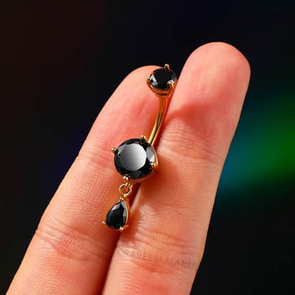Belly Button Ring Dangle Belly Rings 316L Surgical Steel Belly Button Piercing Jewelry Teardrop Navel Ring for Women - color: Gold-Black CZ-10mm