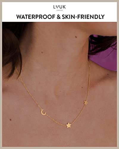 LUUK LIFESTYLE Stainless steel necklace with pendant and HAPPINESS card, 20” adjustable length, lucky charm, friendship chain, Valentine's Day gift, birthday, women's jewelry, silver, gold, rosegold - color: Gold, size: Moon and Stars