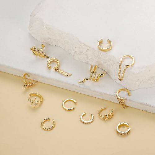 16 Pcs Ear Cuff Earrings for Women Non Piercing Gold Silver Plated Ear Cuffs Non Pierced Snake Leaf CZ Star Feather Waterdrop Chain Ears Cuff Wrap Earring Clip on Cartilage Helix Fake Earrings Lightweight Adjustable - color: Gold