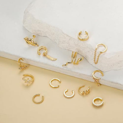 16 Pcs Ear Cuff Earrings for Women Non Piercing Gold Silver Plated Ear Cuffs Non Pierced Snake Leaf CZ Star Feather Waterdrop Chain Ears Cuff Wrap Earring Clip on Cartilage Helix Fake Earrings Lightweight Adjustable - color: Gold