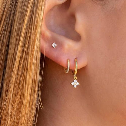 3 Pairs Earring Stacks, Gold Earring Set Jewelry Gift for Women | Small, 14K Gold/White Gold/Black/Rose Gold Plated, Hypoallergenic, Her, Everday, Stackable, Simple, 3 Holes - color: Gold-Four Leaf