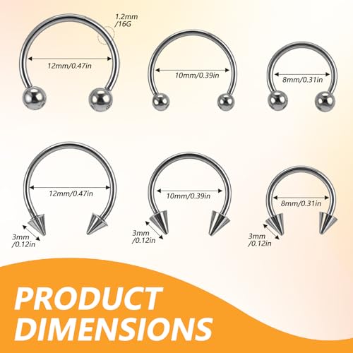 Yolev 24PCS 16G Variety of Sizes Horseshoe Rings Surgical Steel Nose Septum Horseshoe Hoop Earring Eyebrow Septum Rings Hoop Daith Earring Eyebrow Helix Vertical Lip Piercing Jewelry for Women Men