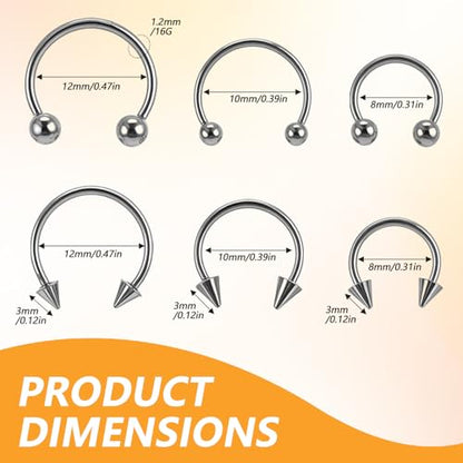Yolev 24PCS 16G Variety of Sizes Horseshoe Rings Surgical Steel Nose Septum Horseshoe Hoop Earring Eyebrow Septum Rings Hoop Daith Earring Eyebrow Helix Vertical Lip Piercing Jewelry for Women Men