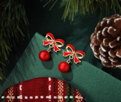 Gold Bow Earrings for Women, Long Tassel Chain Drop Earrings, Trendy Small Bow Earrings, Ribbon Waterfall Dangling Earrings, Pearl Bow Earrings, Sparkly Elegant Bowknot Preppy Jewelry Gifts for Women - color: W-Red Bow2