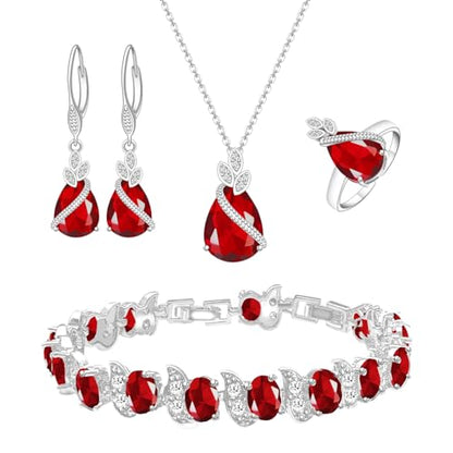 LMXXVJ Jewelry Set for Women,Teardrop Cubic Zirconia Necklace Earrings Adjustable Ring Bracelet Jewelry Set Formal Jewelry Gift - color: SYSD-White Gold-Ruby Red