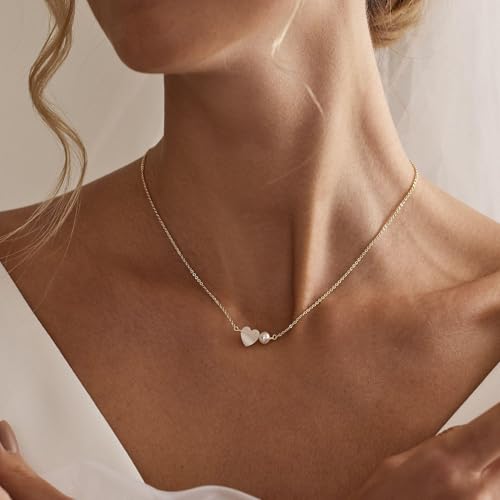 Pearl Necklaces for Women Trendy,14k Gold Plated Pearl Pendant Necklace Dainty Wedding Necklace Small Cute Gold Choker Necklace for Women Non Tarnish Gold Prom Jewelry Fashion Bridesmaids Gifts - color: heart pearl necklace