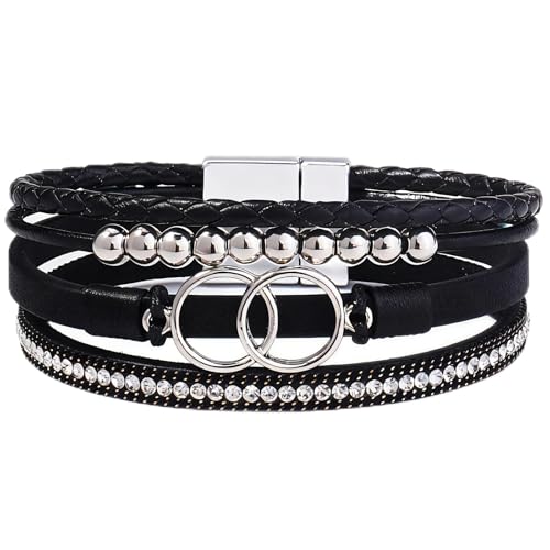 Leather Wrap Bracelets for Women, Boho Leopard Multi-Layer Crystal Beads Cuff Jewelry - color: J-Warp-006