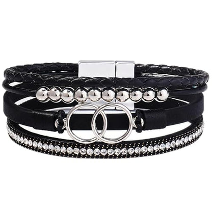 Leather Wrap Bracelets for Women, Boho Leopard Multi-Layer Crystal Beads Cuff Jewelry - color: J-Warp-006