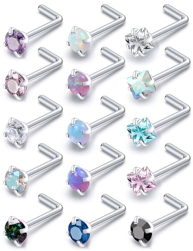 Prjndjw 20G 18G hypoallergenic Nose Rings Studs for Women Men Nose Ring Stud Piercing Jewelry Surgical Steel Opal CZ Corkscrew Straight & L shaped Nose piercing aretes para la nariz - color: 18G L-Shaped Nose Rings Studs