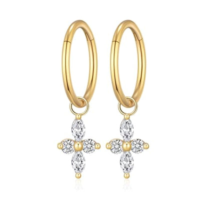 Ourania 16G Gold Stainless Steel Zircon Dangle Huggie Hoop Rook Piercing Helix Hoop Earring Tragus Hoop Cartilage Piercing for Women - color: Flower Gold 2PCS, size: 1.2*10mm 2pcs