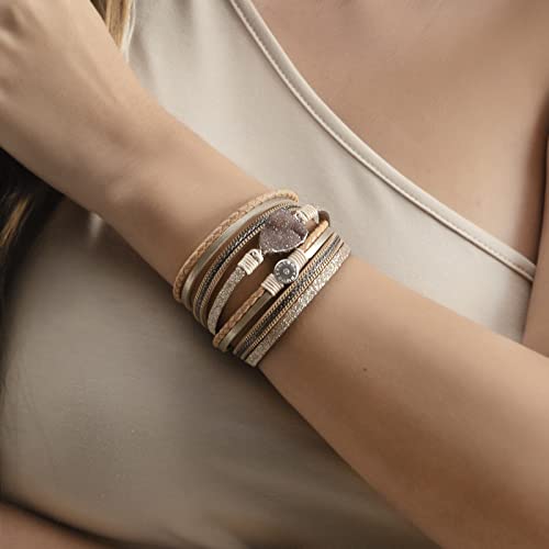 Artilady Leather Wrap Bracelet for Women, Pearl Beaded Bangle Stack Jewelry | Easy on-off, Elegant Handmade Multi-Layered, Daily Casual Date Beach Vacation, Gift for Ladies, Mother, Sister & Friend - style: Brown with druzy