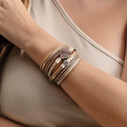 Artilady Leather Wrap Bracelet for Women, Pearl Beaded Bangle Stack Jewelry | Easy on-off, Elegant Handmade Multi-Layered, Daily Casual Date Beach Vacation, Gift for Ladies, Mother, Sister & Friend - style: Brown with druzy