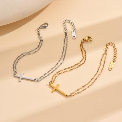 18K Gold Plated Pearl Beaded Cross Bracelets for Women Adjustable Stainless Steel Dainty Thin Gold Box Cuban Twisted Link Chain Bracelet Bridesmaid Jewelry Gifts - color: Double O Cross-White Gold