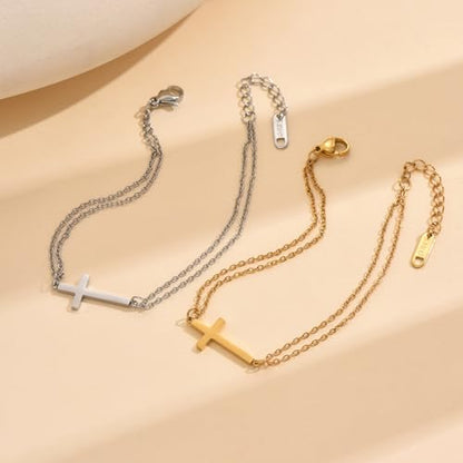 18K Gold Plated Pearl Beaded Cross Bracelets for Women Adjustable Stainless Steel Dainty Thin Gold Box Cuban Twisted Link Chain Bracelet Bridesmaid Jewelry Gifts - color: Double O Cross-Gold