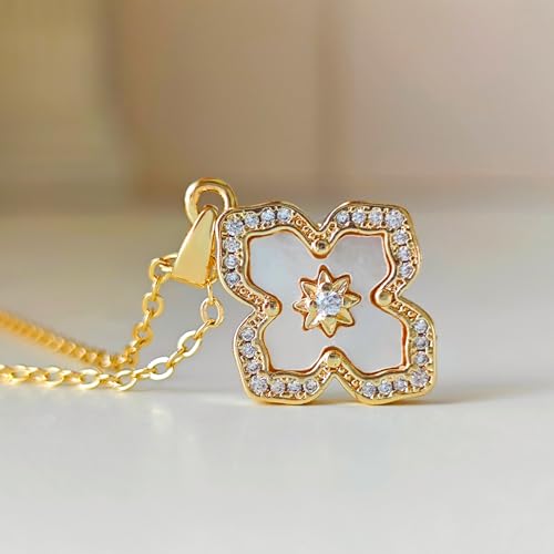 Zeffy Gold Pearl Necklace for Women, Dainty 14K Gold/Silve Plated Layered Pearl Choker Pearl Earrings Pearl Bracelets Wedding Trendy Gold Jewelry Set for Women Gifts - style: Gold Clover Necklace-1PCS