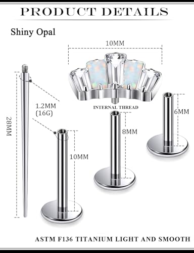 16G Astm F136 Titanium Internal Thread Flat Back Earrings Nose Studs Tragus Forward Helix Conch Cartilage Lobe Earrings Stud Medusa Labret Monroe Lip Ring Piercing Jewelry For Women Men - size: 16G--Style B-Opal