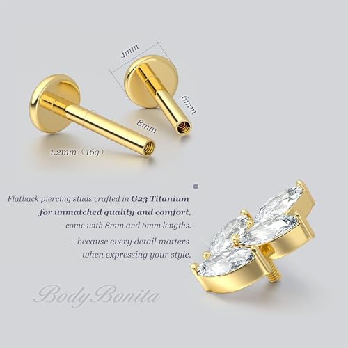 G23 Titanium 16G Tragus Conch Piercing Jewelry Flat Back Stud Earrings | Hypoallergenic CZ Nose Dangle Helix Medusa Lip Labret Body Piercing Jewelry, 14K Gold Plated, Silver, 6 and 8 mm Post Length - color: Radiant Vine-14K Gold