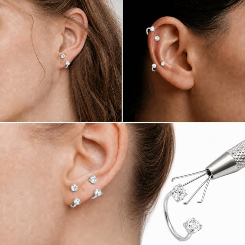 18G CZ Horseshoe Nose Rings with Flat Back Labret Studs and Tool | 316L surgical steel and 14K gold finish options for healed nose septum lip and ear piercings with easy daily changes