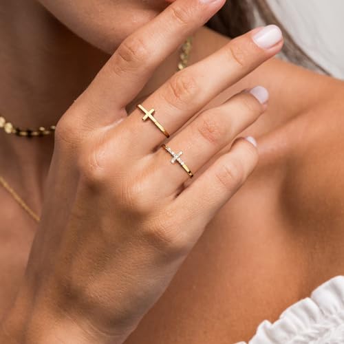 Foxgirl Cross Gold Rings for Women Non Tarnish, Dainty Trendy Stackable Ring Set 14k Gold Plated Thin Cz Cross Finger Rings for Women Non Tarnish Simple thumb Rings for Momen Gold Jewelry Size 5-10 | Dainty Thin Stackable Rings with Cross and CZ Details,