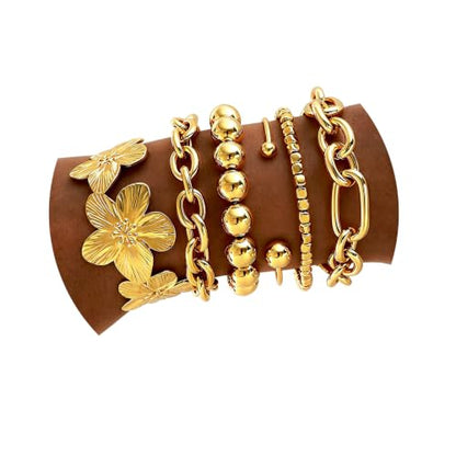 Golden Bangle Bracelets Set for Women, 14k Gold-Plated Multi Layer Stackable Cuff Bracelets, Personalized Boho Non Tarnish Adjustable Bangle Jewelry Gift for Her - color: 6PCS Gold Flower