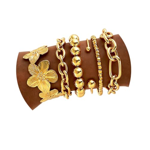 Golden Bangle Bracelets Set for Women, 14k Gold-Plated Multi Layer Stackable Cuff Bracelets, Personalized Boho Non Tarnish Adjustable Bangle Jewelry Gift for Her - color: 6PCS Gold Flower