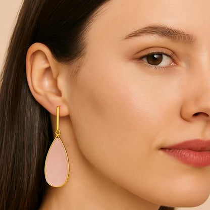 Aloha Earrings Non Pierced Gold Tone Clip On Natural Stone Teardrop Dangling Earrings - style: Rose Quartz