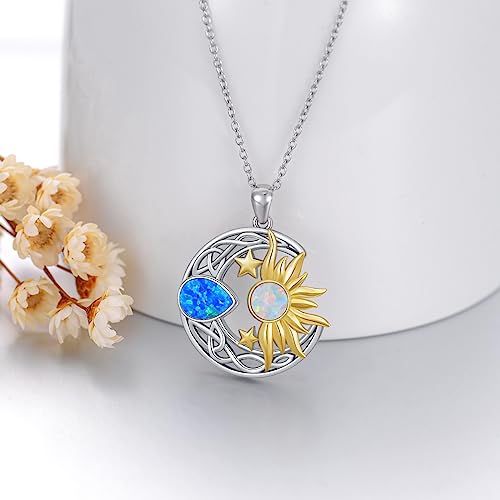 AOBOCO 925 Sterling Silver Moon Sun Star Necklace Celtic Jewelry for Women Girls - color: Silver&Gold&Blue White Opal
