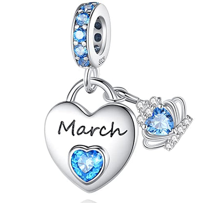 Birthstone Charms for Charms Bracelet: 925 Sterling Silver Heart Dangle Charms for Bracelets and Necklaces, Birthday Mother's Day Christmas Gifts For Women. - color: March