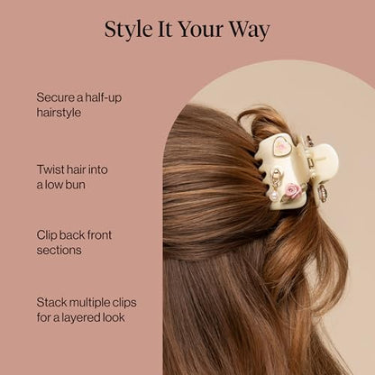 KitschPop ™ Hair Clips For Women with Charm Sets- Pearlized Cream, 7pcs Set | Customizable Cloud Claw Clip With Interchangeable Collectible Cute Charms – Hair Clips For Styling Updo, Half Updos - color: Pearlized Cream
